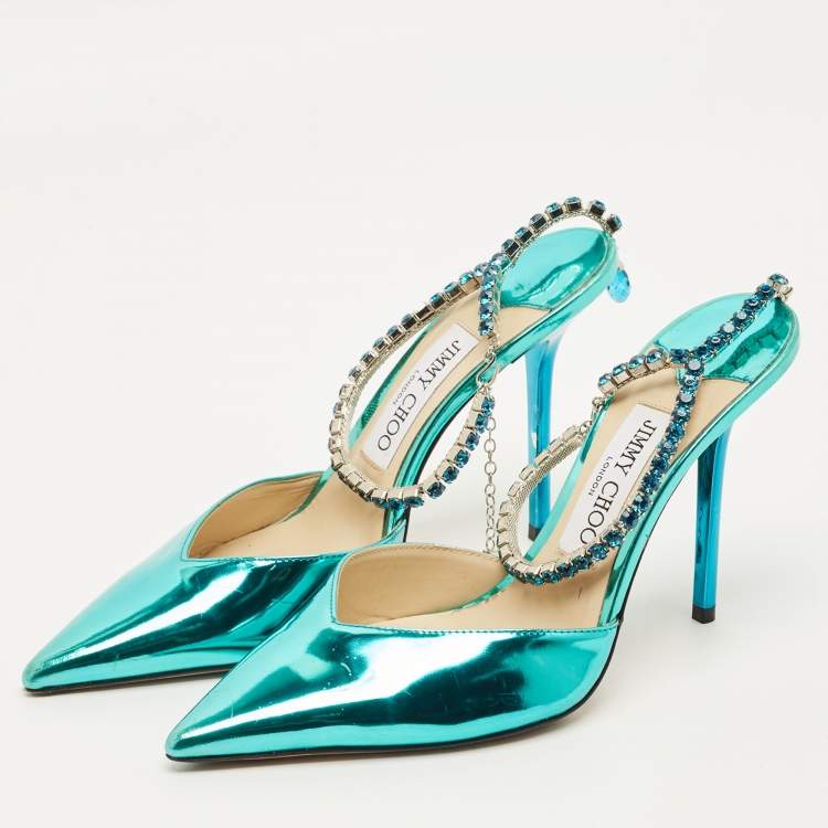 مملوكة مسبقًا Jimmy Choo saeda Size 38 Blue Patent Leather Crystal Pointed Toe Pumps 