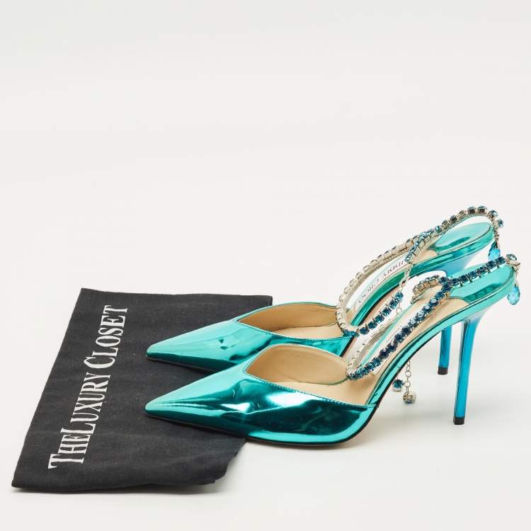 مملوكة مسبقًا Jimmy Choo saeda Size 38 Blue Patent Leather Crystal Pointed Toe Pumps 