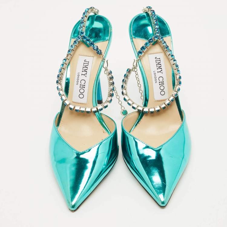 مملوكة مسبقًا Jimmy Choo saeda Size 38 Blue Patent Leather Crystal Pointed Toe Pumps 