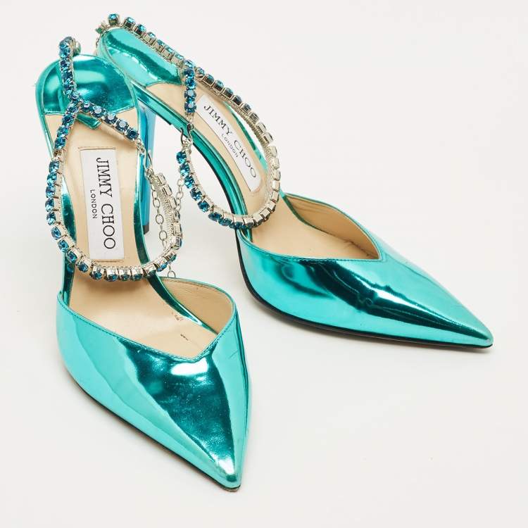 مملوكة مسبقًا Jimmy Choo saeda Size 38 Blue Patent Leather Crystal Pointed Toe Pumps 