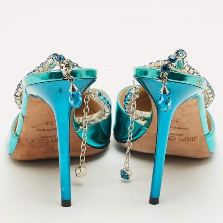 مملوكة مسبقًا Jimmy Choo saeda Size 38 Blue Patent Leather Crystal Pointed Toe Pumps 