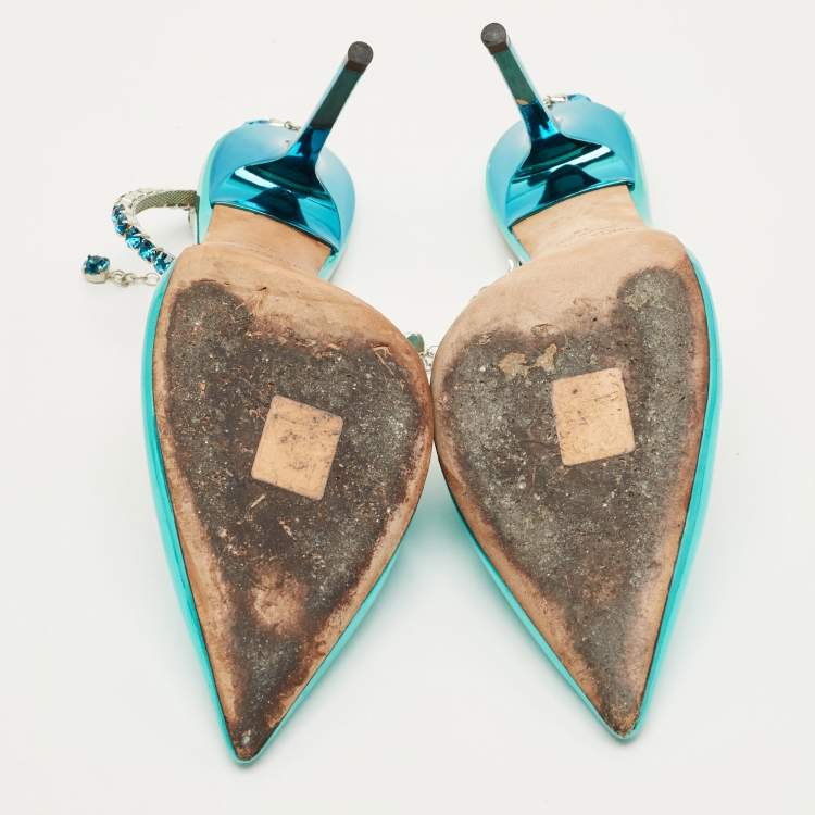 مملوكة مسبقًا Jimmy Choo saeda Size 38 Blue Patent Leather Crystal Pointed Toe Pumps 