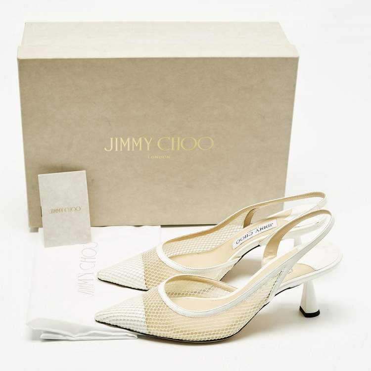 Pre Owned Jimmy Choo Fetto Size 37.5 White Mesh and Patent Leather D'orsay Pumps