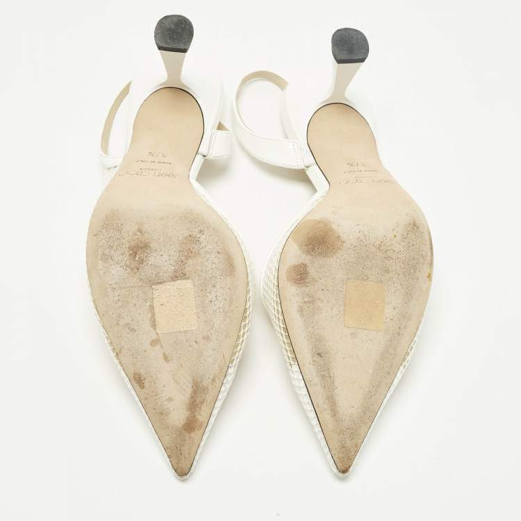 Pre Owned Jimmy Choo Fetto Size 37.5 White Mesh and Patent Leather D'orsay Pumps