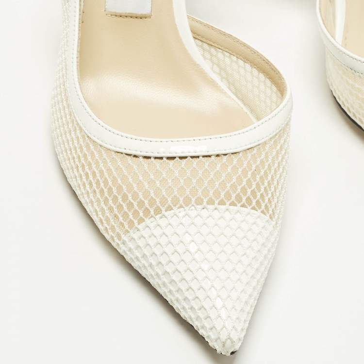 Pre Owned Jimmy Choo Fetto Size 37.5 White Mesh and Patent Leather D'orsay Pumps