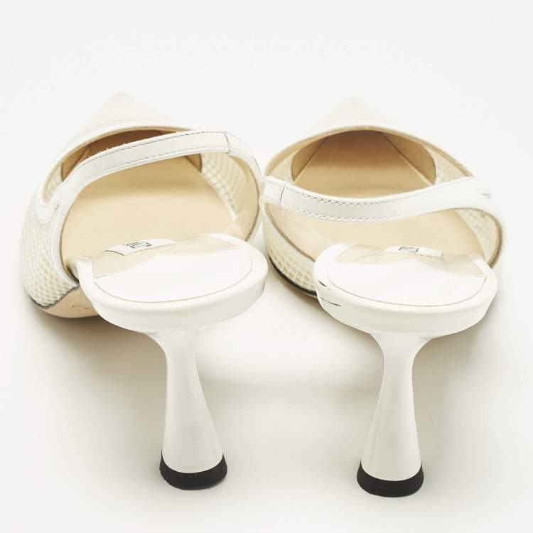 Pre Owned Jimmy Choo Fetto Size 37.5 White Mesh and Patent Leather D'orsay Pumps