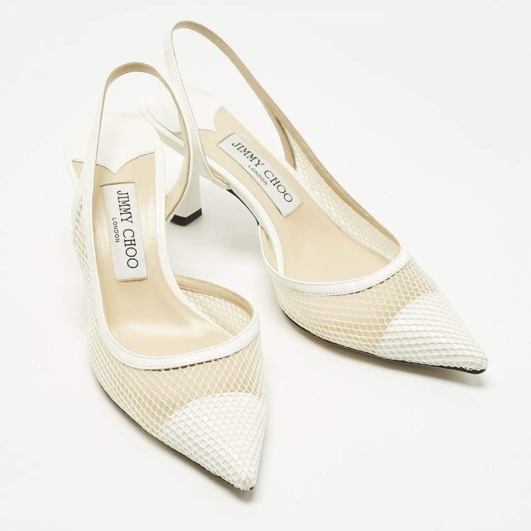 Pre Owned Jimmy Choo Fetto Size 37.5 White Mesh and Patent Leather D'orsay Pumps