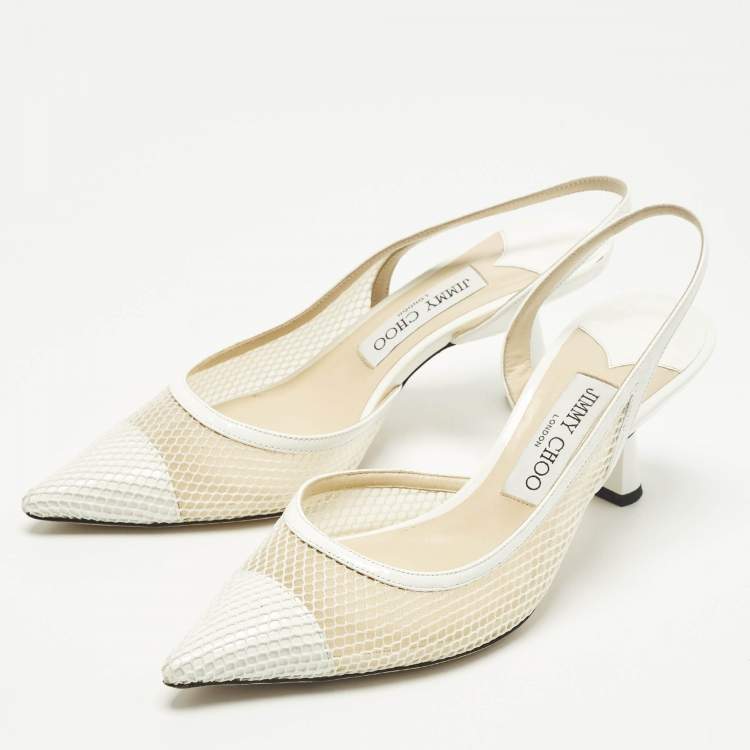 Pre Owned Jimmy Choo Fetto Size 37.5 White Mesh and Patent Leather D'orsay Pumps