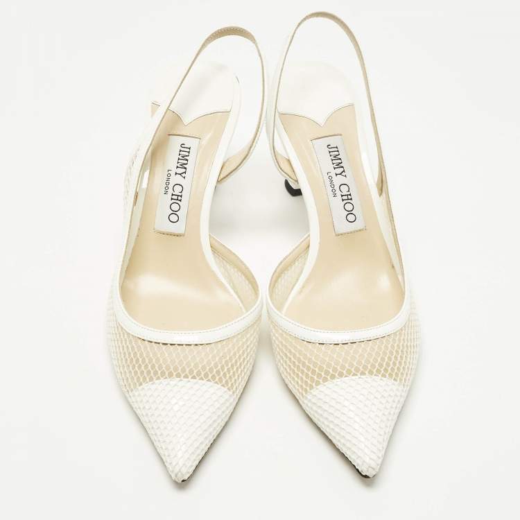 Pre Owned Jimmy Choo Fetto Size 37.5 White Mesh and Patent Leather D'orsay Pumps