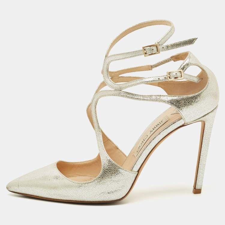 Pre Owned Jimmy Choo Lancer Size 38 Silver Leather Ankle Strap Pumps