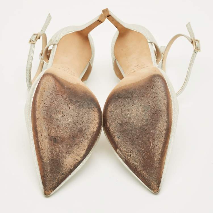 Pre Owned Jimmy Choo Lancer Size 38 Silver Leather Ankle Strap Pumps