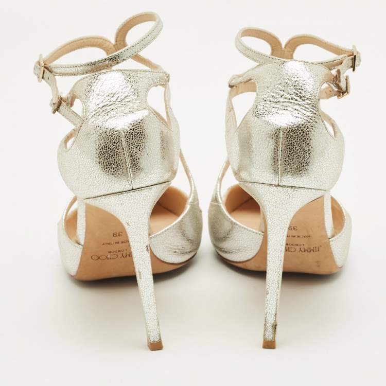 Pre Owned Jimmy Choo Lancer Size 38 Silver Leather Ankle Strap Pumps