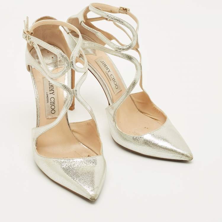 Pre Owned Jimmy Choo Lancer Size 38 Silver Leather Ankle Strap Pumps