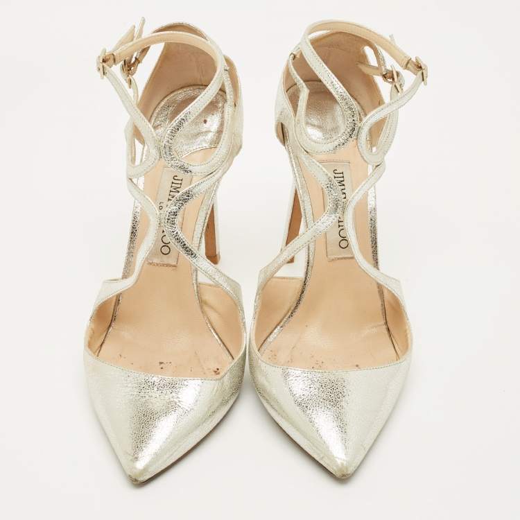 Pre Owned Jimmy Choo Lancer Size 38 Silver Leather Ankle Strap Pumps