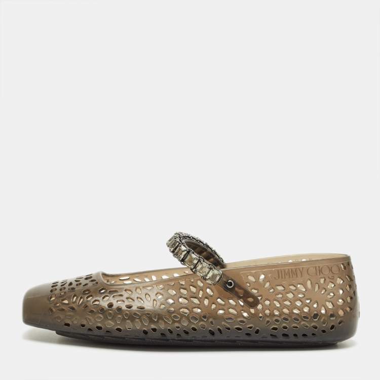 Pre Owned Jimmy Choo Size 38 Black/Smoke Jelly Mary-Jane Ballet Flats