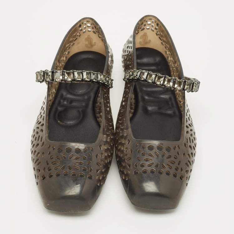 Pre Owned Jimmy Choo Size 38 Black/Smoke Jelly Mary-Jane Ballet Flats