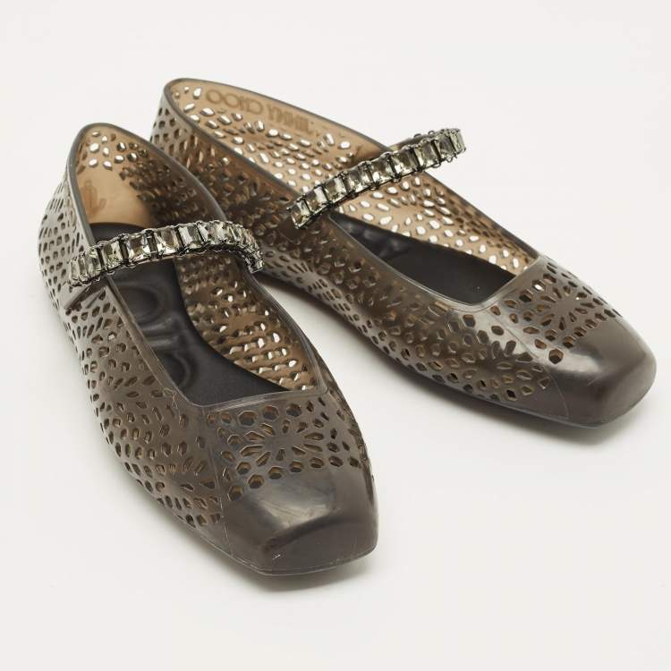 Pre Owned Jimmy Choo Size 38 Black/Smoke Jelly Mary-Jane Ballet Flats