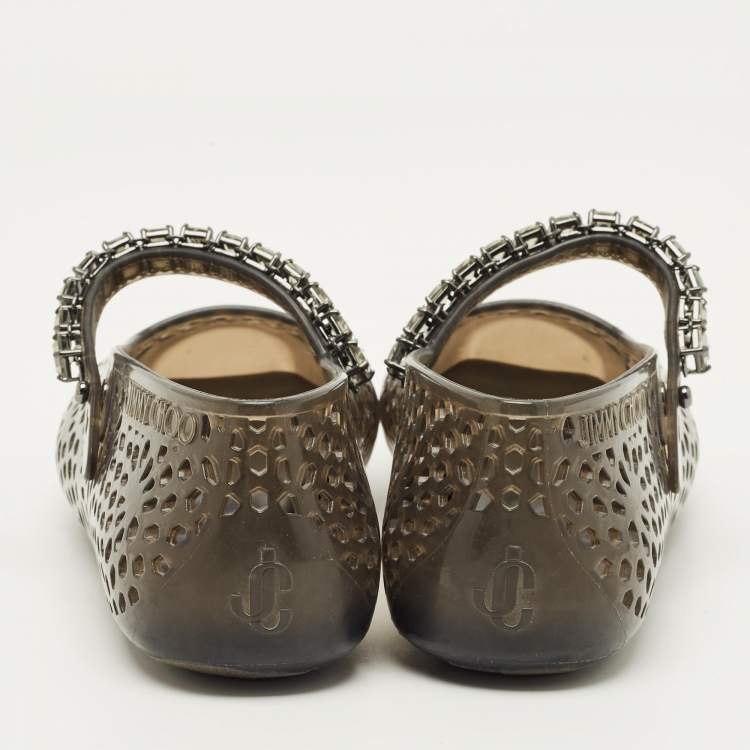Pre Owned Jimmy Choo Size 38 Black/Smoke Jelly Mary-Jane Ballet Flats