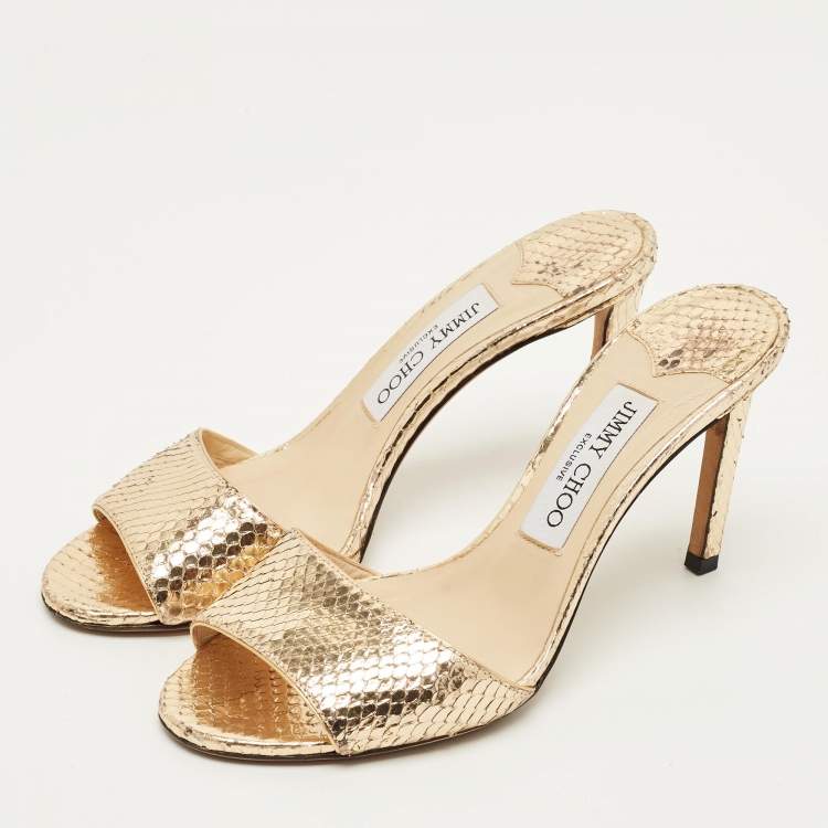 Pre Owned Jimmy Choo Stacey Size 37 Gold Snakeskin Embossed Leather Slide Sandals