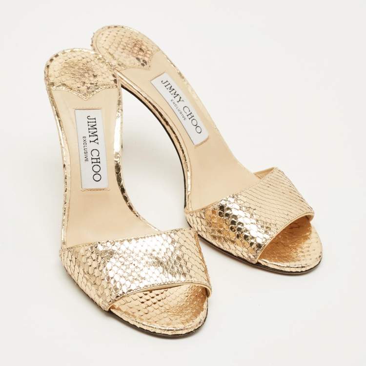 Pre Owned Jimmy Choo Stacey Size 37 Gold Snakeskin Embossed Leather Slide Sandals