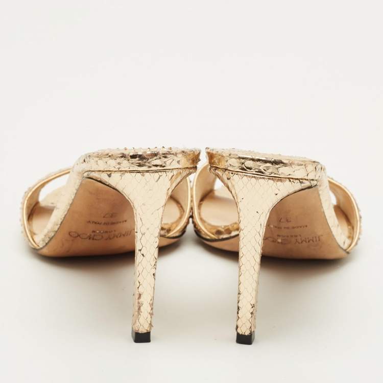 Pre Owned Jimmy Choo Stacey Size 37 Gold Snakeskin Embossed Leather Slide Sandals