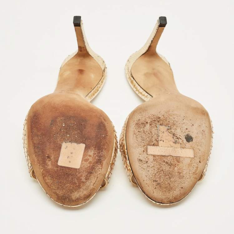 Pre Owned Jimmy Choo Stacey Size 37 Gold Snakeskin Embossed Leather Slide Sandals