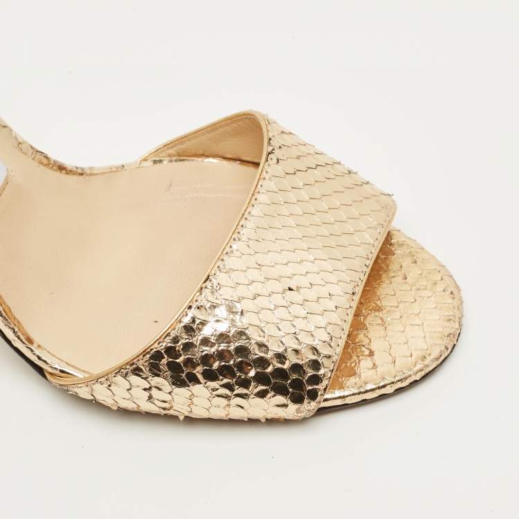 Pre Owned Jimmy Choo Stacey Size 37 Gold Snakeskin Embossed Leather Slide Sandals