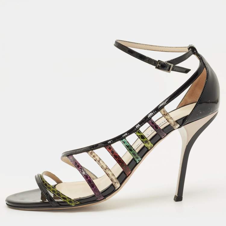 Pre Owned Jimmy Choo Size 39.5 Multicolor Patent Leather and Snakeskin Leather Strappy  Sandals
