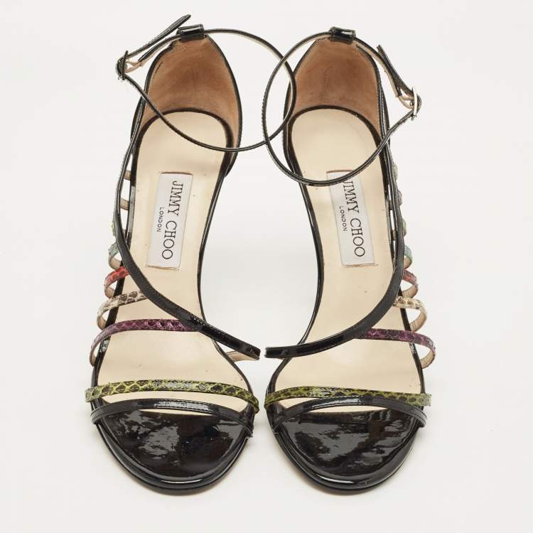 Pre Owned Jimmy Choo Size 39.5 Multicolor Patent Leather and Snakeskin Leather Strappy  Sandals
