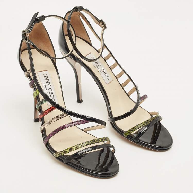 Pre Owned Jimmy Choo Size 39.5 Multicolor Patent Leather and Snakeskin Leather Strappy  Sandals
