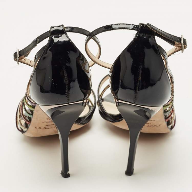 Pre Owned Jimmy Choo Size 39.5 Multicolor Patent Leather and Snakeskin Leather Strappy  Sandals