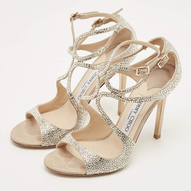 Pre Owned Jimmy Choo Lang Size 36.5 Beige Crystal Embellished Suede Ankle Strap Sandals