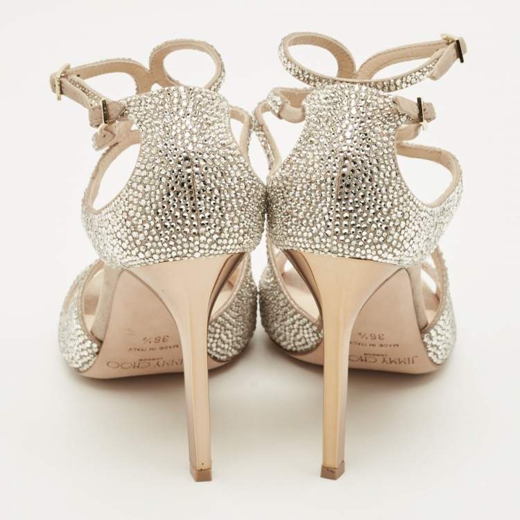 Pre Owned Jimmy Choo Lang Size 36.5 Beige Crystal Embellished Suede Ankle Strap Sandals