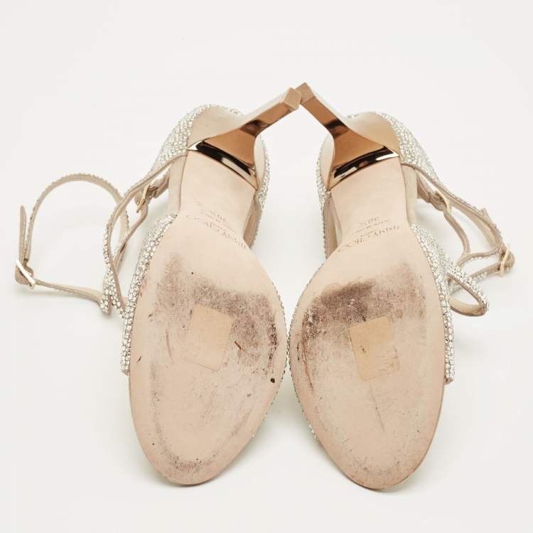 Pre Owned Jimmy Choo Lang Size 36.5 Beige Crystal Embellished Suede Ankle Strap Sandals