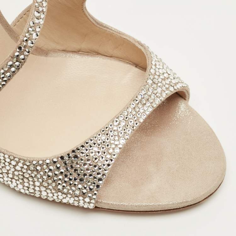 Pre Owned Jimmy Choo Lang Size 36.5 Beige Crystal Embellished Suede Ankle Strap Sandals