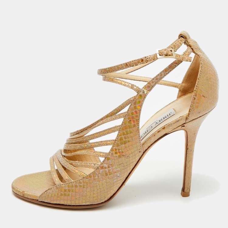 مملوكة مسبقًا Jimmy Choo Size 39.5 Beige Python Embossed Leather Ankle Strap Sandals