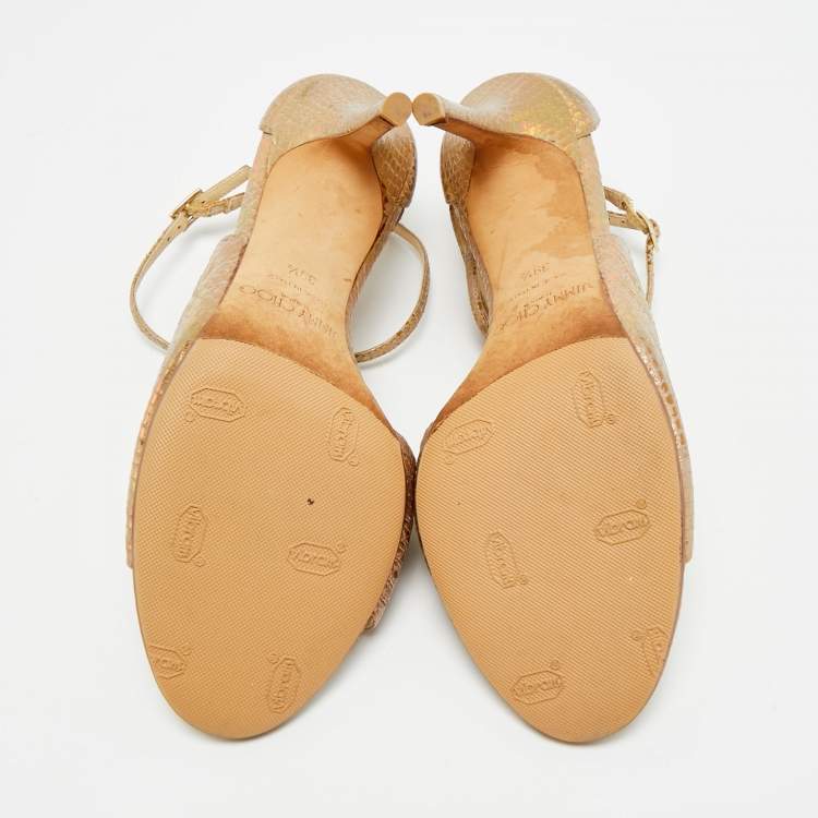 مملوكة مسبقًا Jimmy Choo Size 39.5 Beige Python Embossed Leather Ankle Strap Sandals