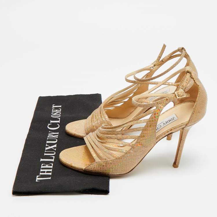 مملوكة مسبقًا Jimmy Choo Size 39.5 Beige Python Embossed Leather Ankle Strap Sandals