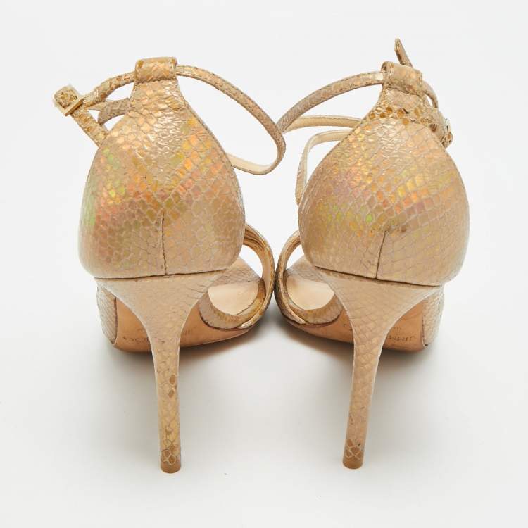 مملوكة مسبقًا Jimmy Choo Size 39.5 Beige Python Embossed Leather Ankle Strap Sandals