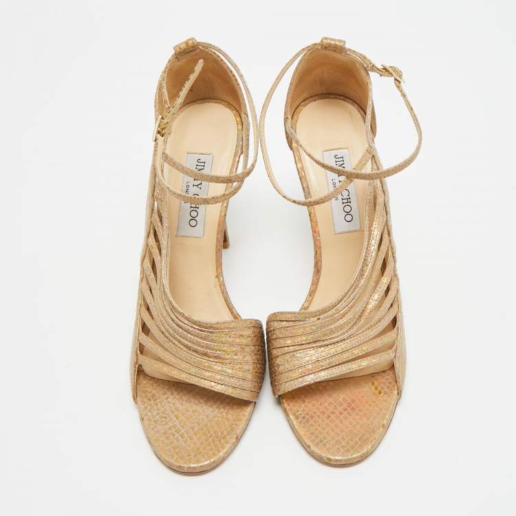 مملوكة مسبقًا Jimmy Choo Size 39.5 Beige Python Embossed Leather Ankle Strap Sandals
