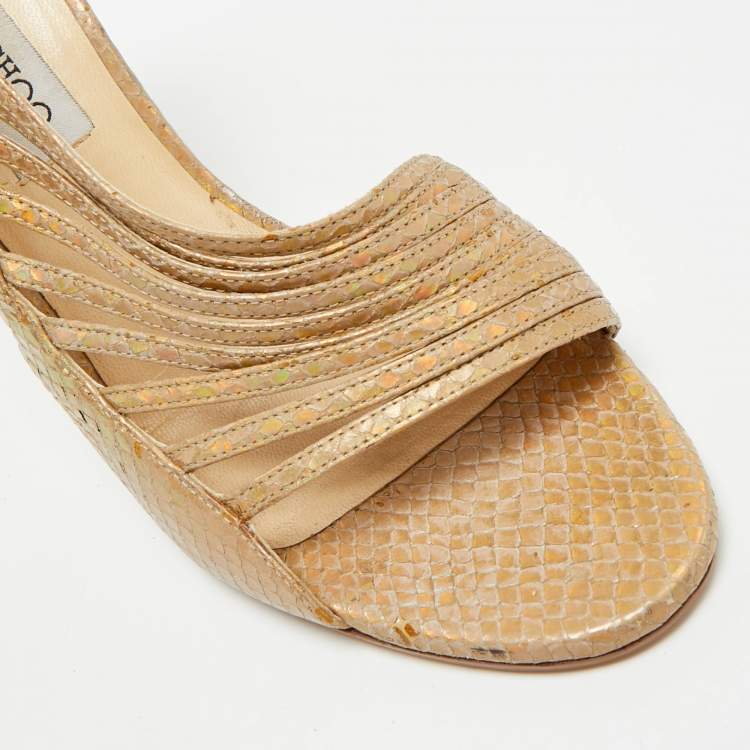 مملوكة مسبقًا Jimmy Choo Size 39.5 Beige Python Embossed Leather Ankle Strap Sandals