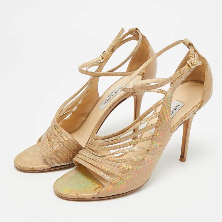 مملوكة مسبقًا Jimmy Choo Size 39.5 Beige Python Embossed Leather Ankle Strap Sandals