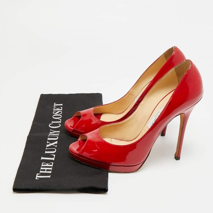 Pre Owned Jimmy Choo Size 39.5 Red Patent Leather Peep Toe Pumps