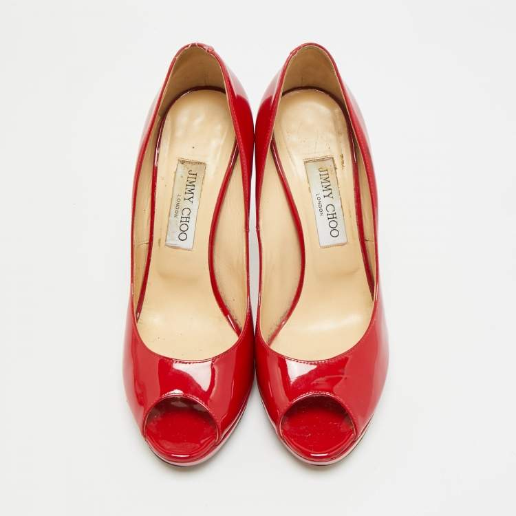 Pre Owned Jimmy Choo Size 39.5 Red Patent Leather Peep Toe Pumps