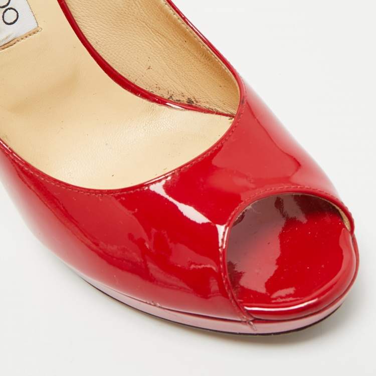 Pre Owned Jimmy Choo Size 39.5 Red Patent Leather Peep Toe Pumps