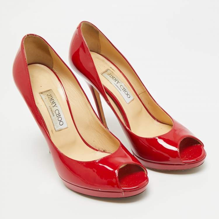 Pre Owned Jimmy Choo Size 39.5 Red Patent Leather Peep Toe Pumps