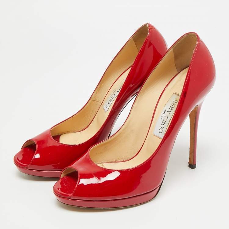 Pre Owned Jimmy Choo Size 39.5 Red Patent Leather Peep Toe Pumps