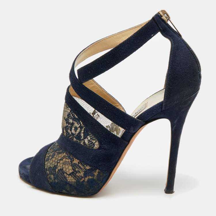 Pre Owned Jimmy Choo Vantage Size 37 Black Mesh and Suede Ankle Strap Sandals