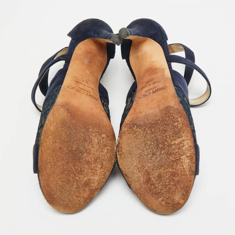 Pre Owned Jimmy Choo Vantage Size 37 Black Mesh and Suede Ankle Strap Sandals