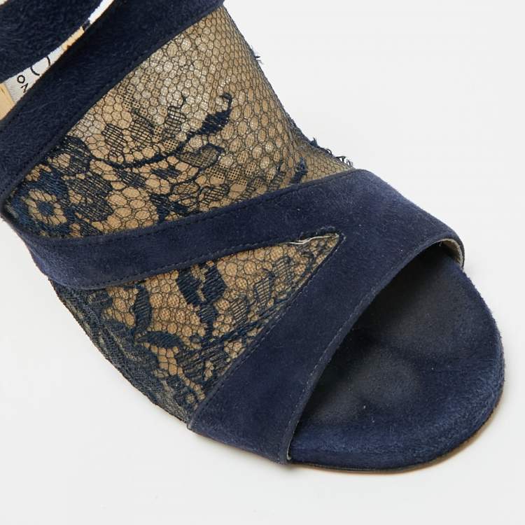 Pre Owned Jimmy Choo Vantage Size 37 Black Mesh and Suede Ankle Strap Sandals